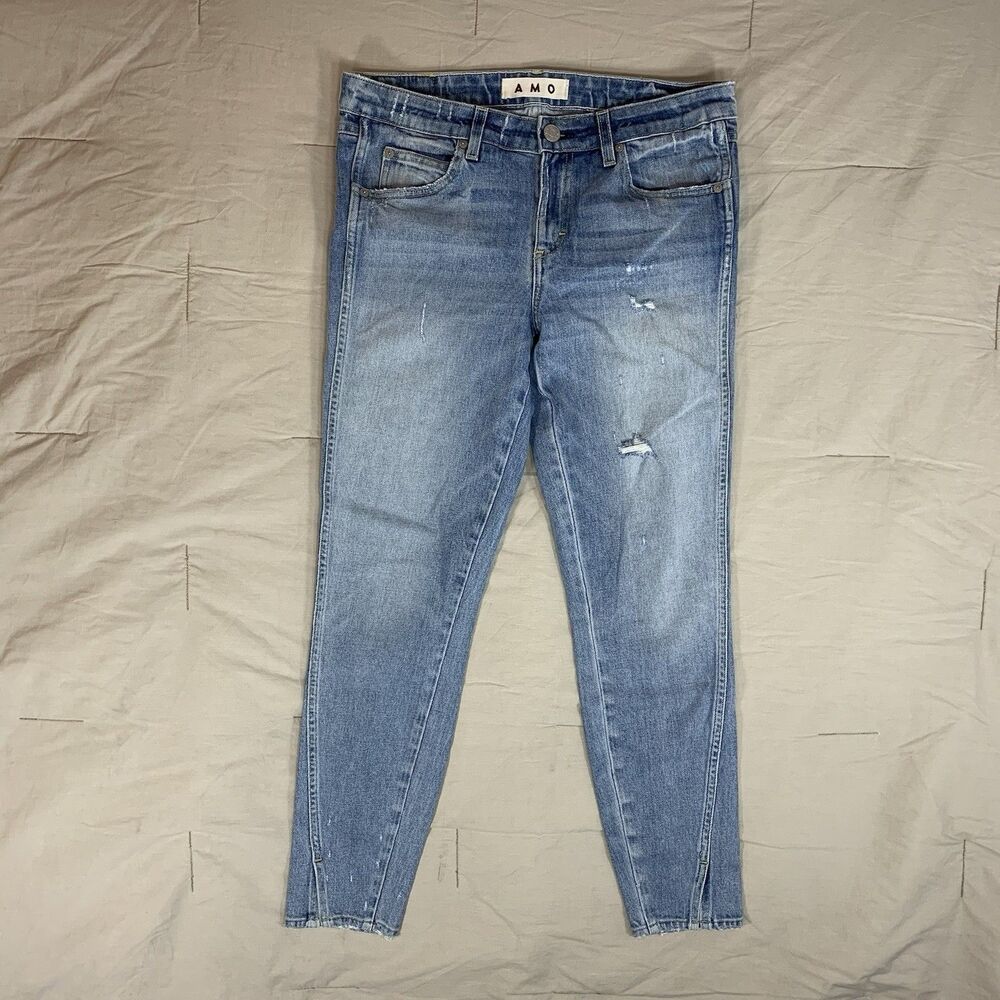 AMO Jeans Womens 29 Blue Skinny Twist Sweet Checks Mid Rise 31x27